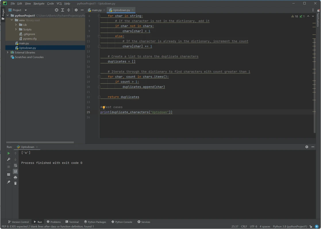 PyCharm editor with Python code, intention lightbulb, and run console output