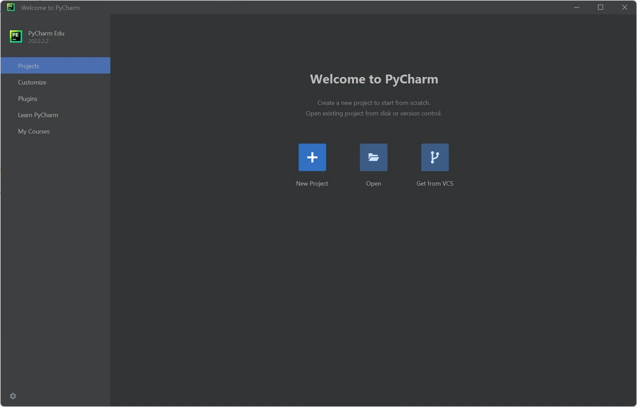 PyCharm welcome screen with New Project, Open, and Get from VCS actions