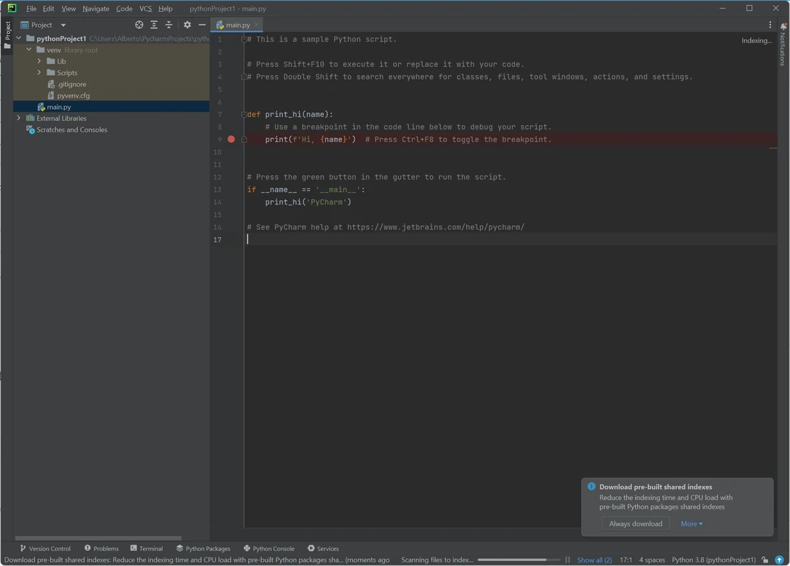 PyCharm editor configured for remote development workflows